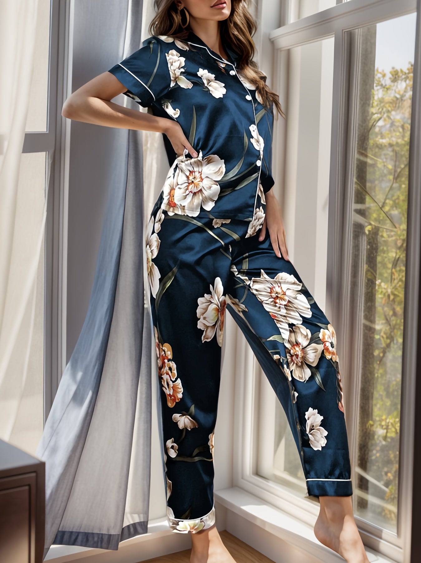 Floral pajama set with short sleeve top and elastic waistband pants for women's sleep and lounge wear.