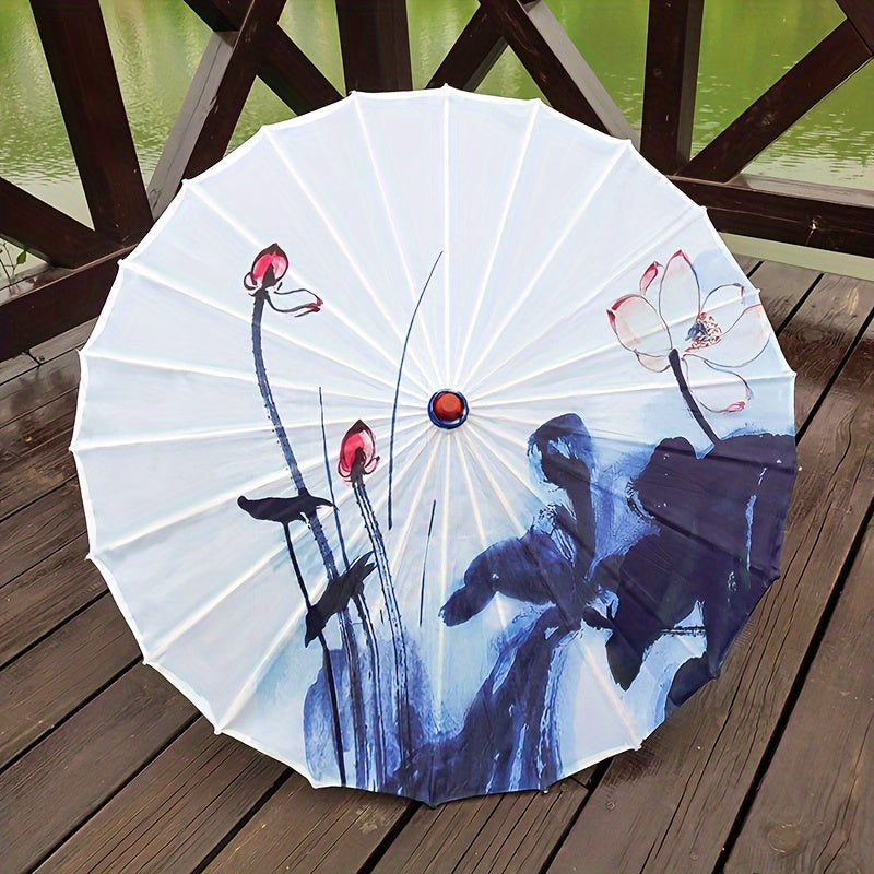 Chinese Flowers Parasol Umbrella with Cherry Blossom Sakura Floral Bamboo Handle for Sun and Rain Protection, Ideal for Weddings and Parties.