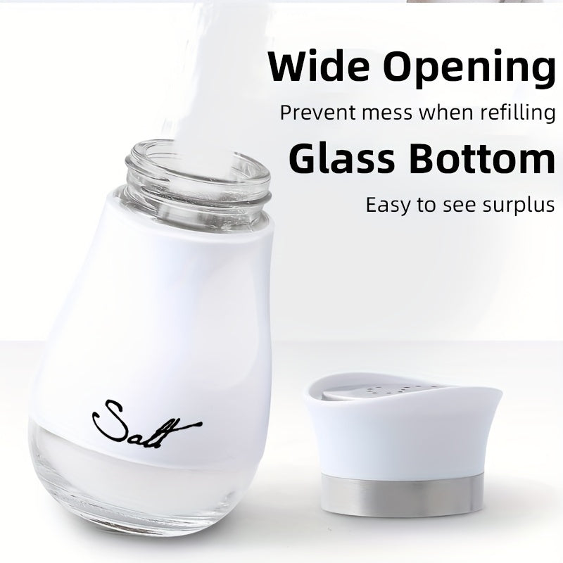 Glass Bottom Salt and Pepper Shaker Set with Stainless Steel Lid - Kitchen Gadgets Cooking Table Accessories with Holder and Glass Bottle - Perfect for Dining Table, RV, Camping, Barbecue - Set of 2