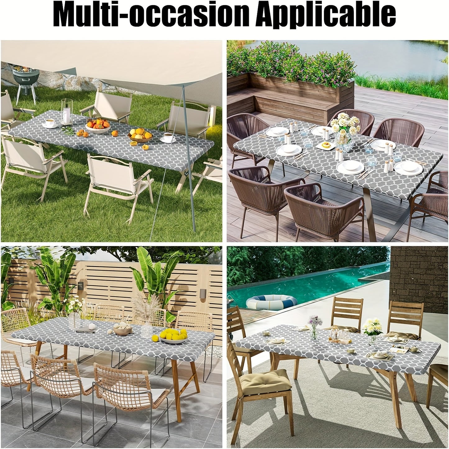 Waterproof vinyl table cover with flannel backing and elastic edge, featuring a gray and white geometric pattern. Ideal for indoor and outdoor use on home patio. Machine-woven fabric with easy-clean surface.