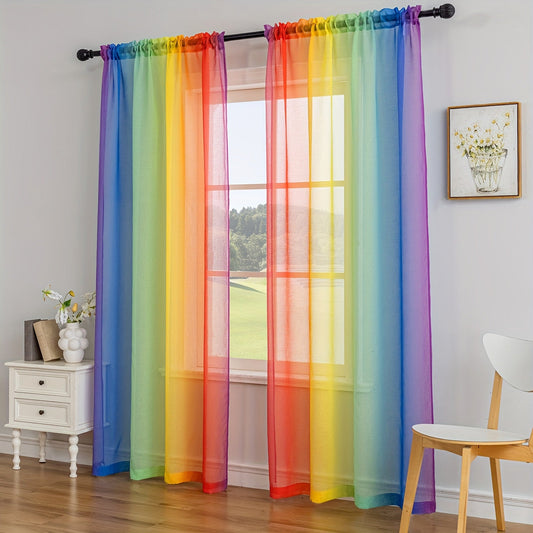 Set of 2 Modern Rainbow Stripe Sheer Curtains made of 100% Polyester, with Rod Pocket design for easy hanging in Living Room, Bedroom, or Office. These Decorative Unlined Panels can be Hand Washed and are suitable for all seasons. Enjoy the Transparent