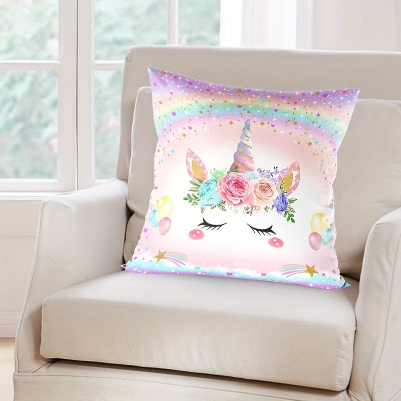 Unicorn-themed pillowcase made of woven polyester with zipper closure. Machine washable and suitable for bedroom, sofa, and home decor. Features contemporary unicorn pattern design.