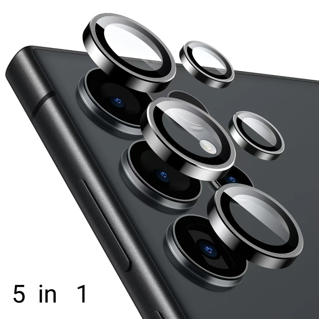 Set of 3 camera metal rings and tempered glass lens protectors for various Samsung Galaxy models.