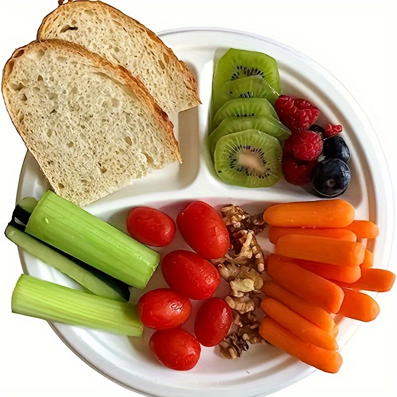 Set of 50 Biodegradable Disposable Paper Plates with 3 Compartments (9/10 inches), Ideal for BBQs, Pastries, Desserts, Parties, Picnics, Camping, and More. Perfect for Home, Restaurants, and Outdoor Events.