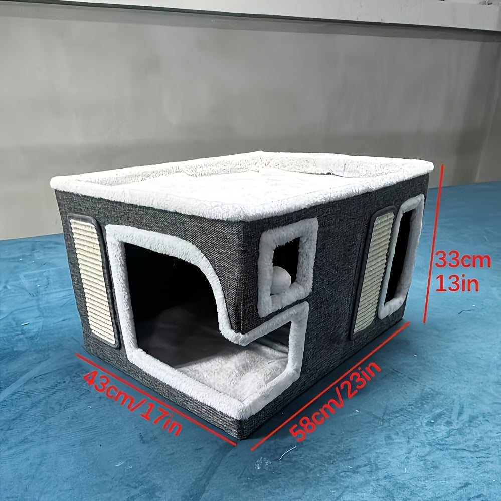 Высококачественное двойное кошачье гнездо с сизалевым когтеточкой, складной и закрытой конструкцией, большое пространство для кошек - комфортно в любое время года.