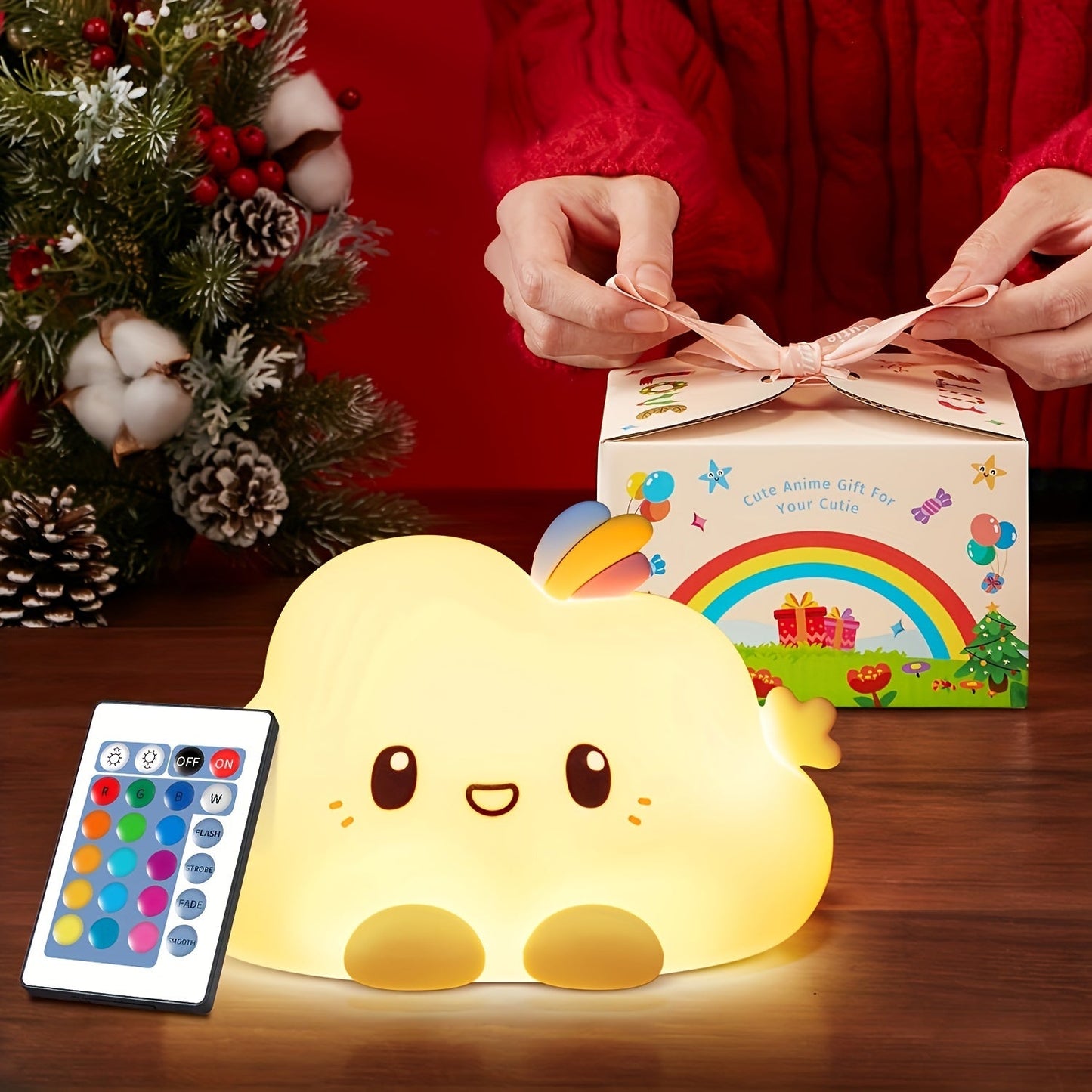 The PIKOY Kawaii Cloud LED Night Light is a whimsical addition to any room. With a remote control, 16 color options, and 8 levels of dimmable brightness, this USB rechargeable light is perfect for adding a touch of charm to your bedroom. The included