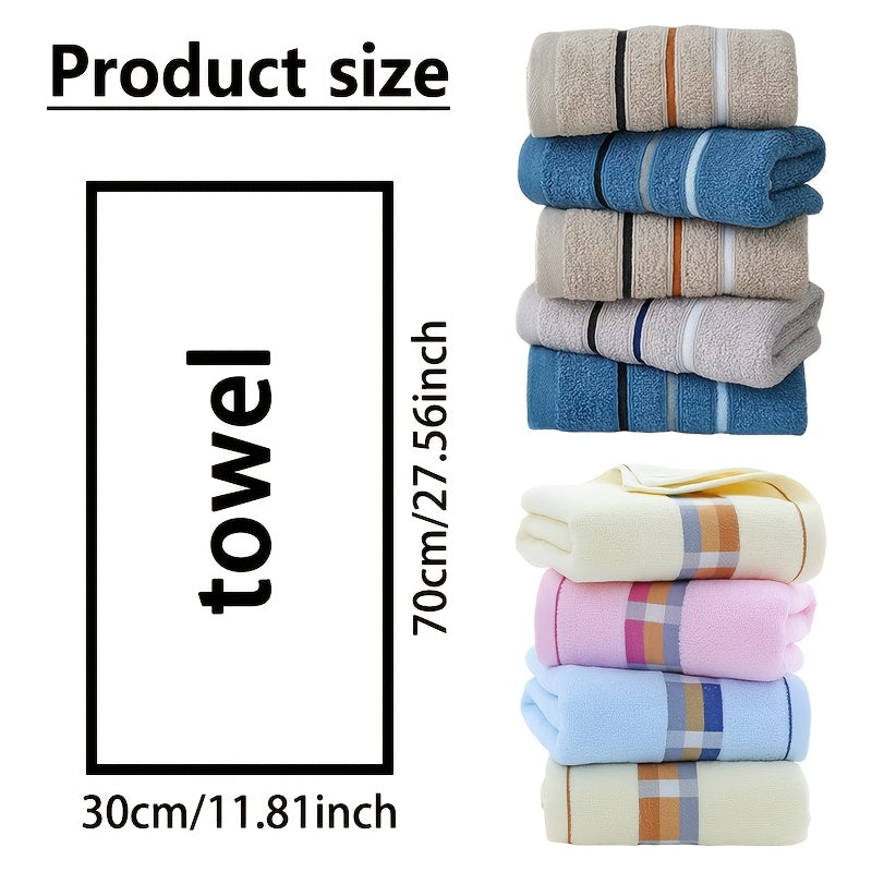 3 vibrant striped travel towels made of a quick-drying and lightweight blend. Ideal for face, bath, sports, hotel, spa, and camping. Multipurpose towels in blue, pink, and beige with a