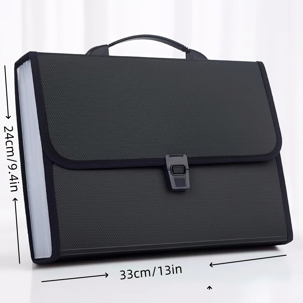 Waterproof A4 Accordion File Organizer with 13 Pockets for Students and Professionals, available in Blue and Black.