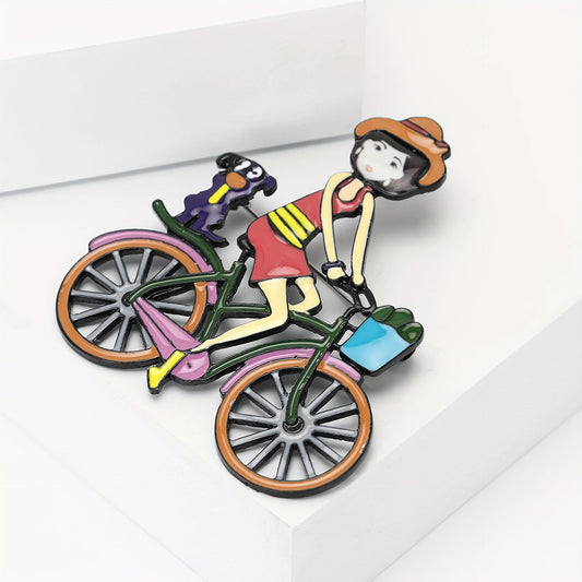 Adorable Acrylic Cycling Girl Brooch Pin - Quirky Cartoon Fashion Accent for Clothing and Bags