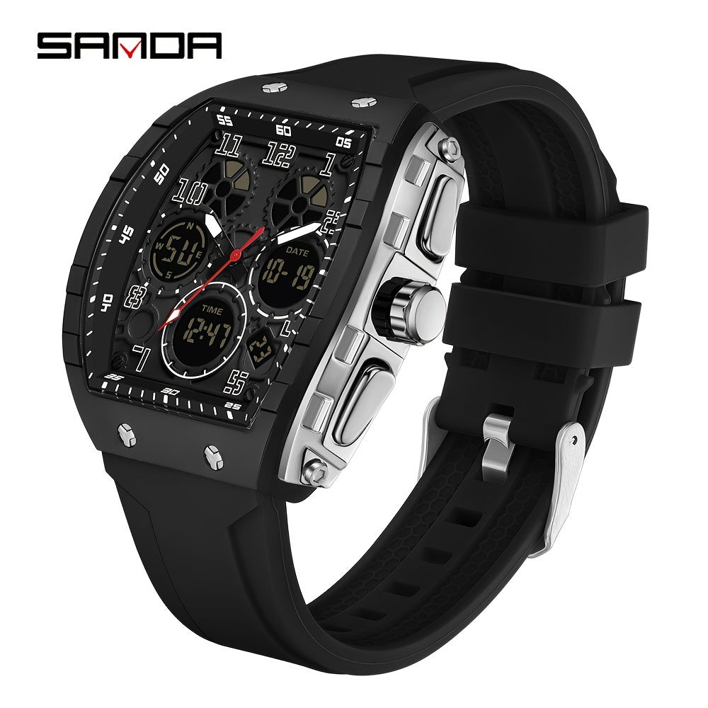 SANDA Fashionable Dial Men's Military Sports Wristwatch, equipped with a Silicone Strap, Multiple Functions, and Waterproof LED Clock.