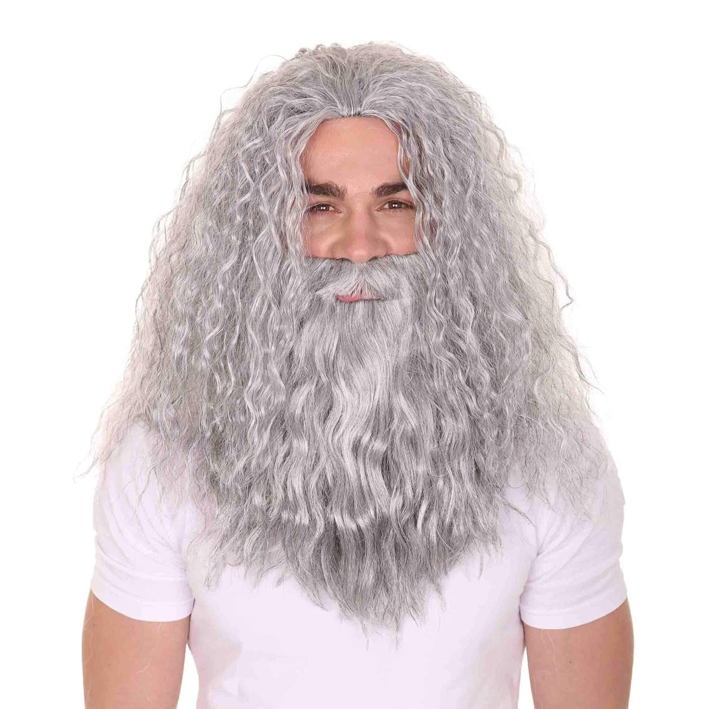 Get into the holiday spirit with our Long Gray and White Wizard Beard and Wig 2-piece set! Perfect for Halloween or Christmas dress-up, this men's wig and beard combo will have you looking like Santa himself. Embrace your inner wizard with this costume