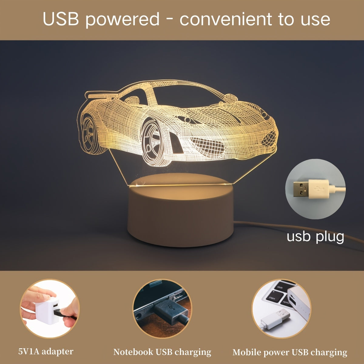 Modern 3D sports car night light, USB powered, perfect for gifts, no batteries needed, suitable for various rooms.