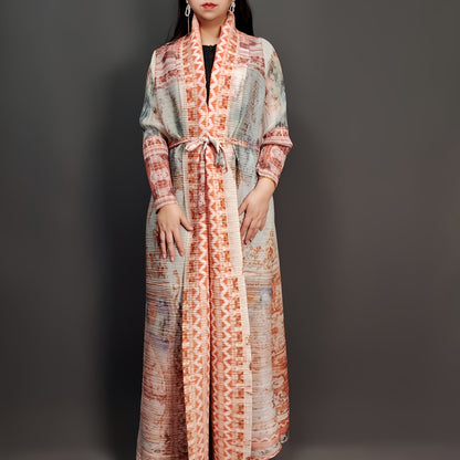 Stylish Blue & Black Floral Print Maxi Kaftan Dress - High stretch, pleated craftsmanship, long sleeve with tie waist for women, ideal for Ramadan & all seasons