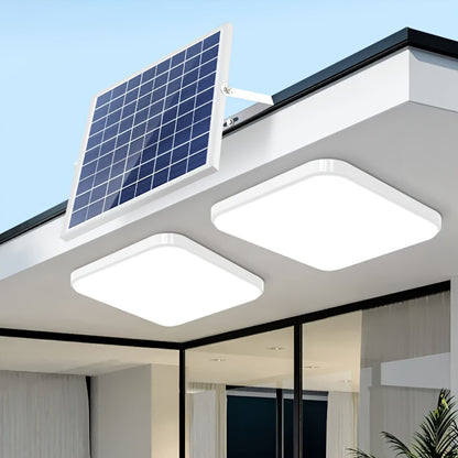 200W Solar-Powered LED Ceiling Light with Remote Control for indoor and outdoor use in various locations.