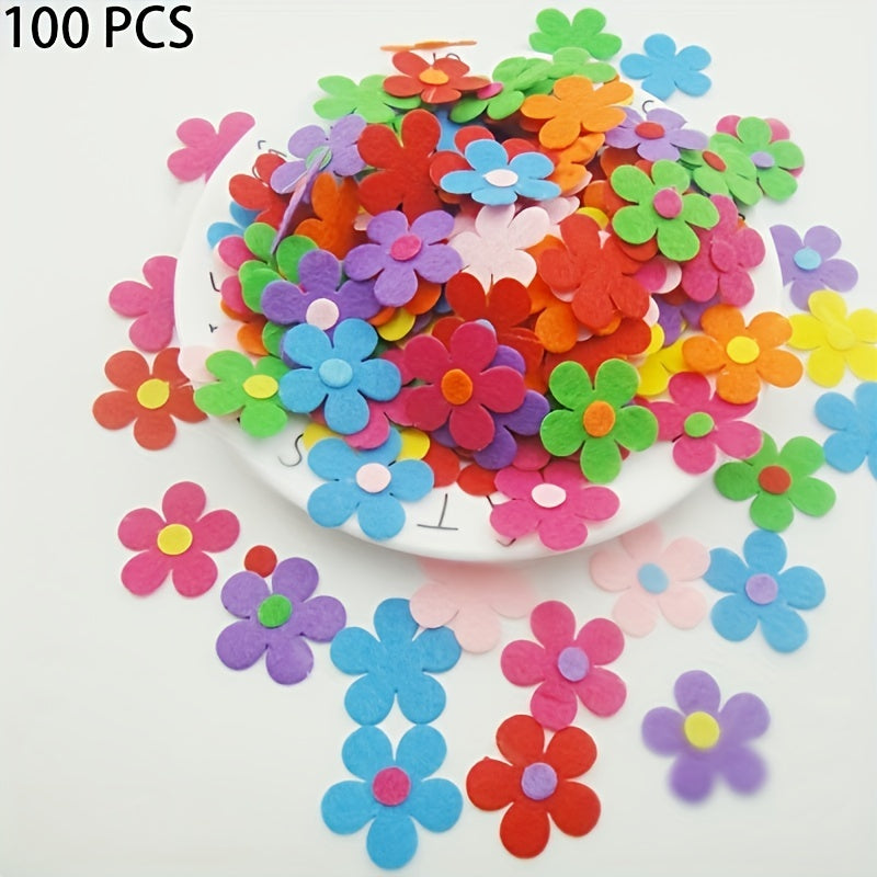 100 handmade felt flowers for DIY crafts and classroom decoration, including vibrant flower patch felt stickers and fabric flowers.