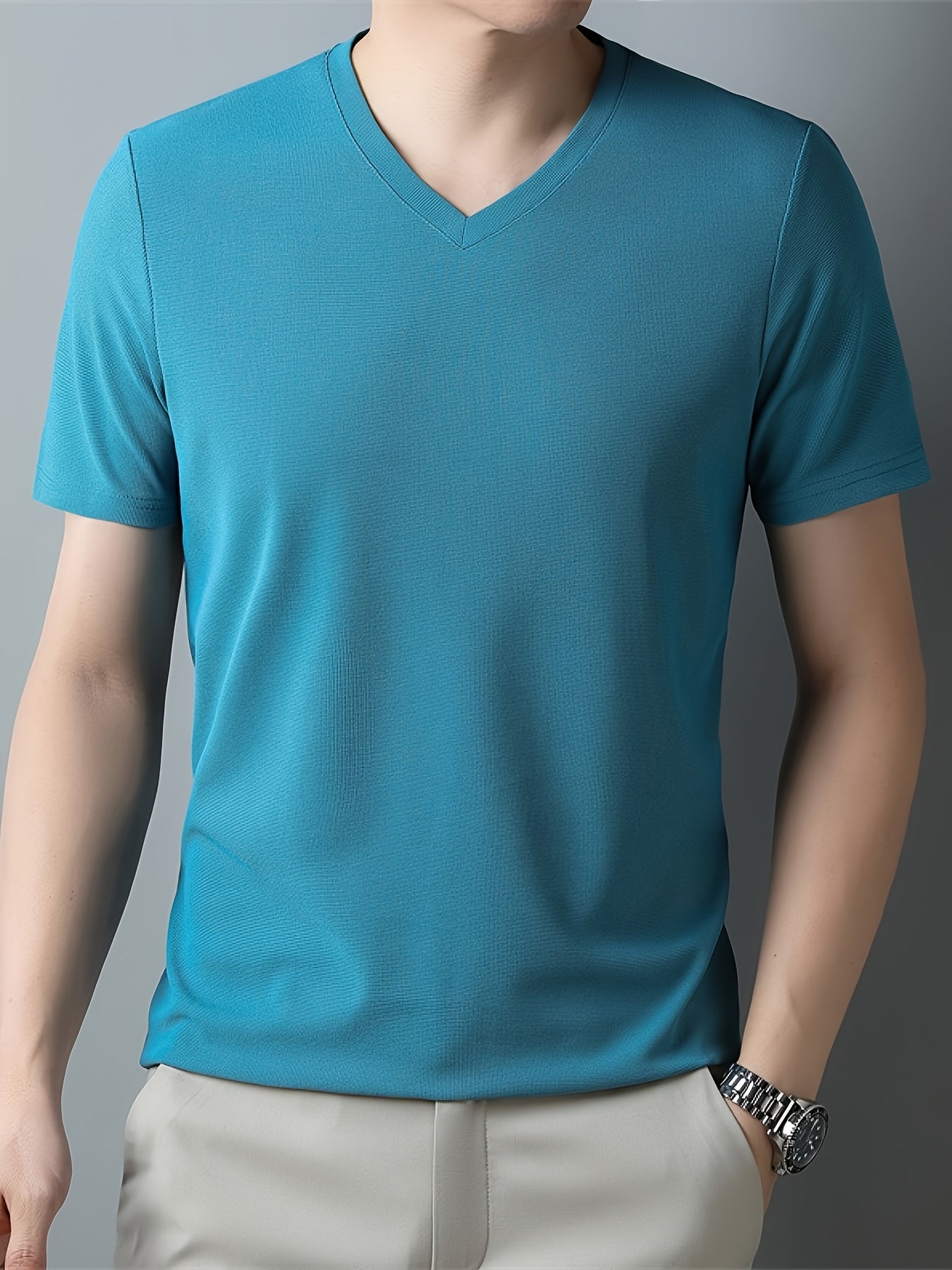 Men's casual short sleeve V-neck tee for summer outdoor wear.