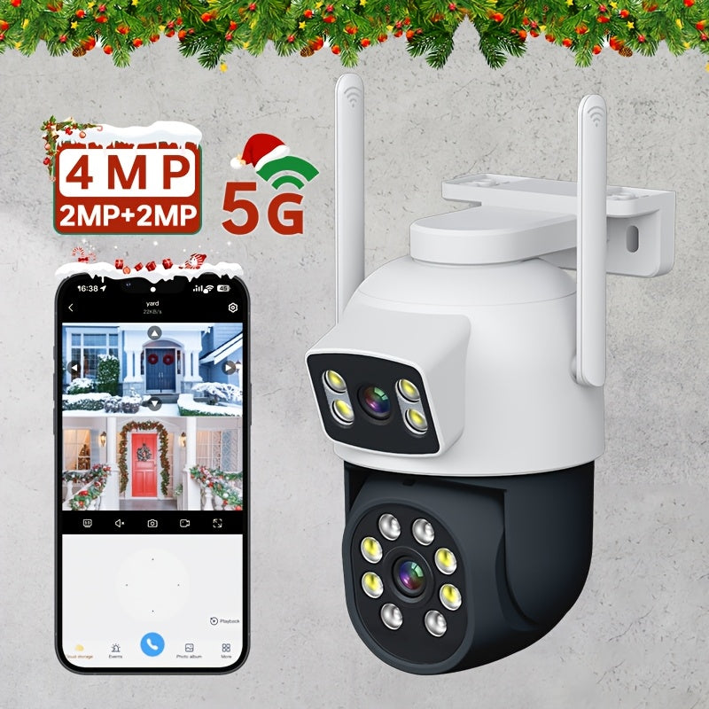 Outdoor WiFi security camera with 360° view, motion detection, color night vision, two-way audio, 1920p resolution, USB powered (no battery required), compatible with wireless 2.4G/5G networks, ideal for home surveillance.