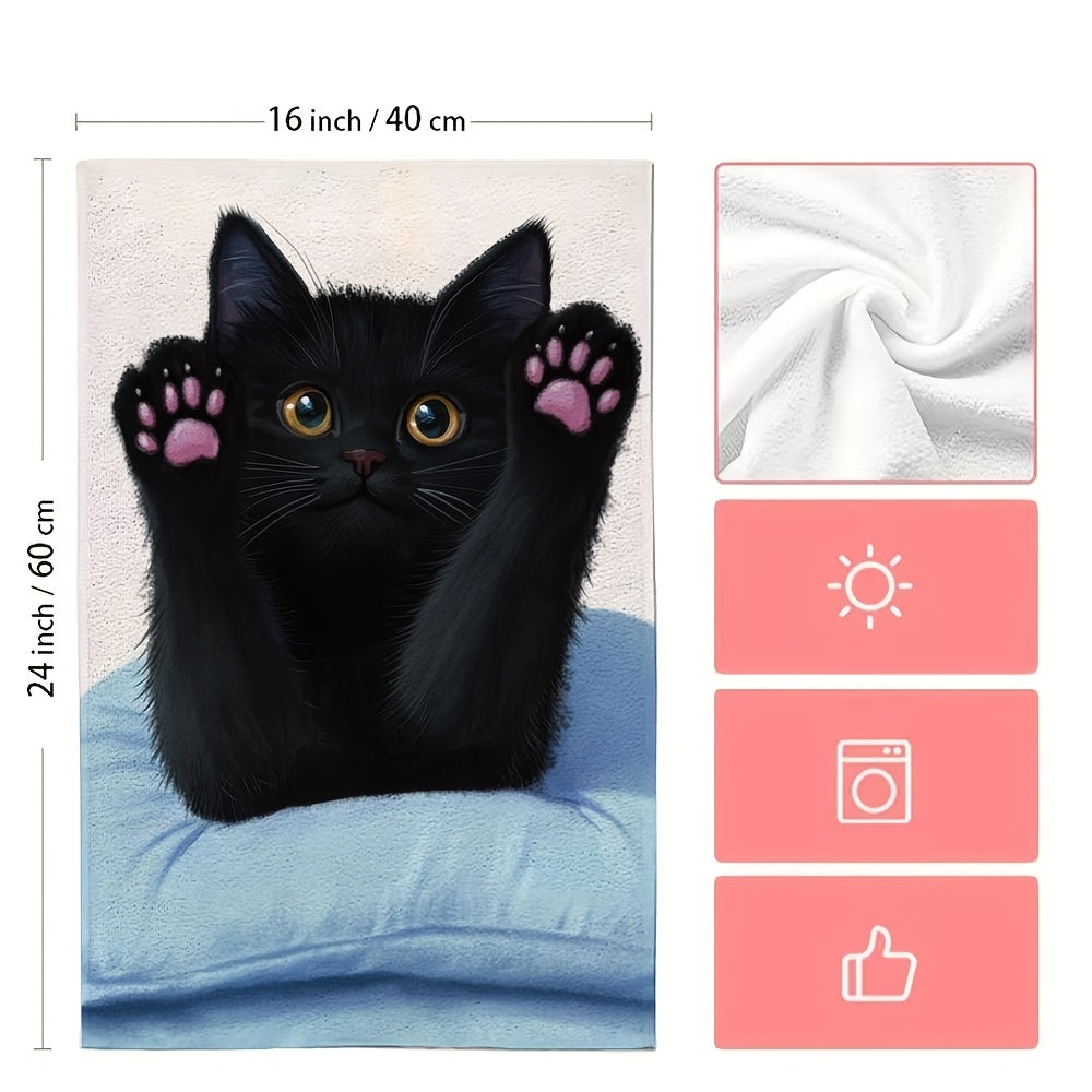 This pair of ultra-soft kitchen towels showcases a black cat stretching on a pillow, with its front paws and pink claws on display. These highly absorbent dish towels are ideal for holiday decoration and can be easily machine washed. The towels measure