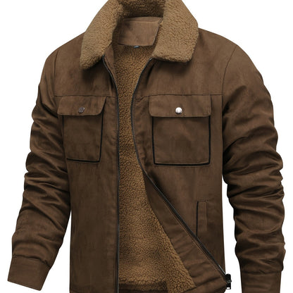 Men's Winter faux sueded jacket with fur collar, thick fleece lining, zipper closure, long sleeves, and plush comfort.