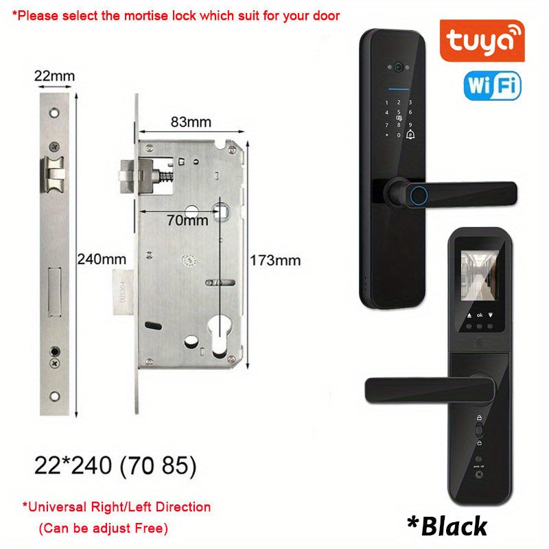 Smart door lock with biometric camera, fingerprint, smart card, password, and key unlock.