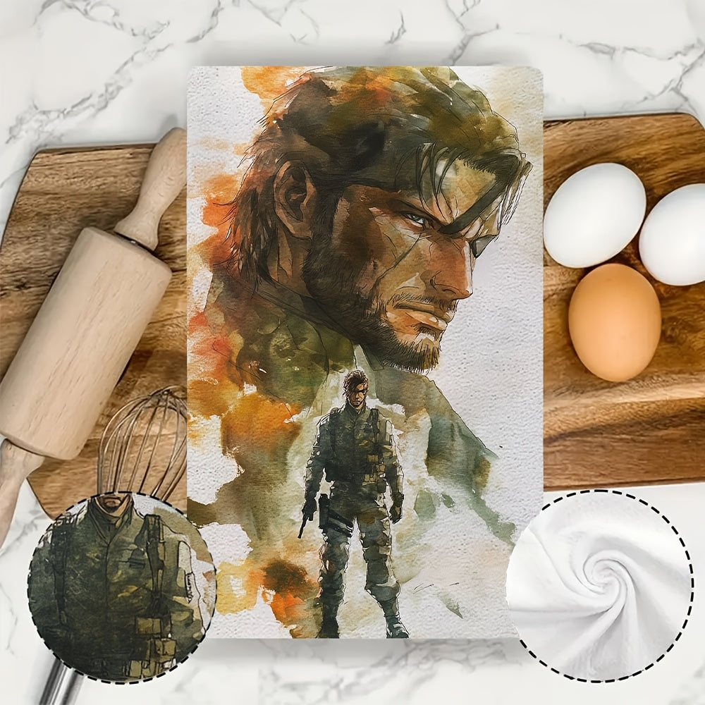 Two-pack of luxurious kitchen towels with Metal Gear Solid design, ultra soft and highly absorbent for holiday decorating. Machine washable, size 40.64X60.96 cm.