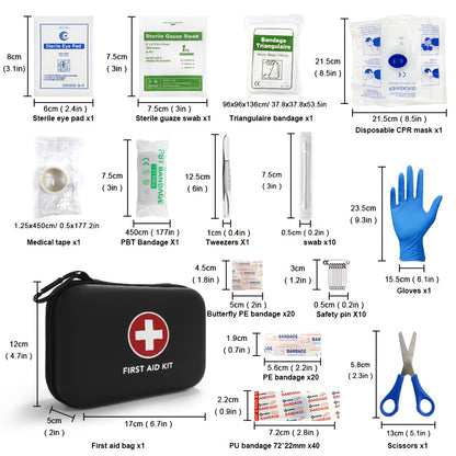 Set of 91 portable emergency first aid kits and storage boxes for home, outdoor travel, and camping gear.