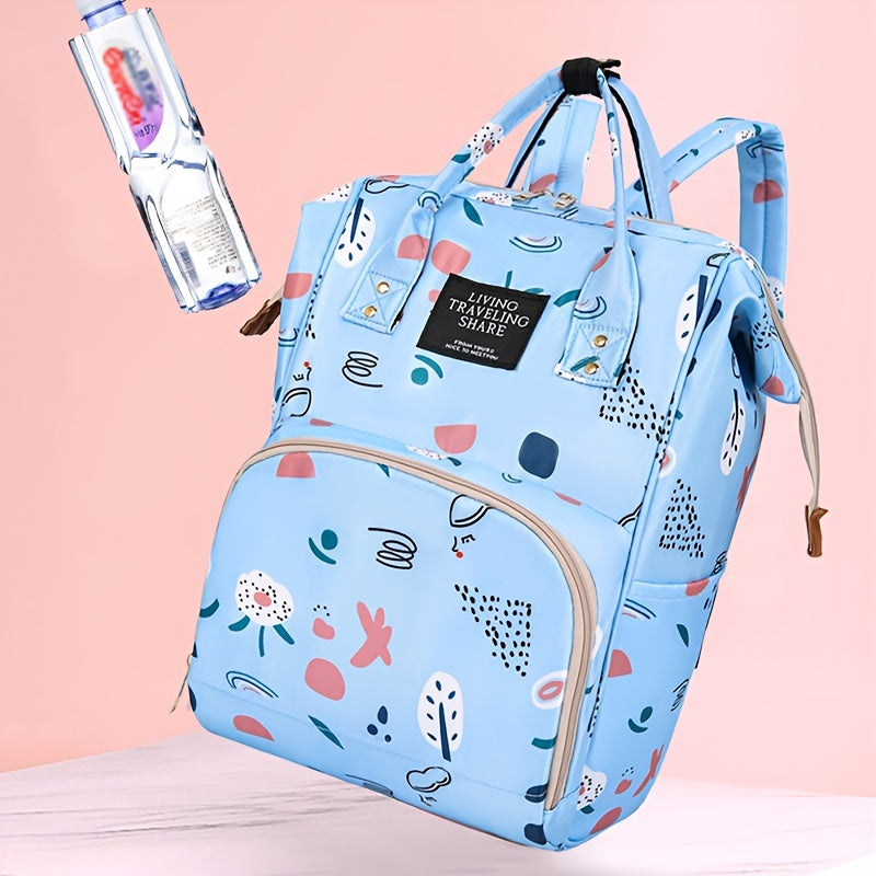 1 Oxford material diaper bag with adjustable shoulder straps, waterproof and stain-resistant, zip closure, polyester lining, cartoon and letter print design for outings.