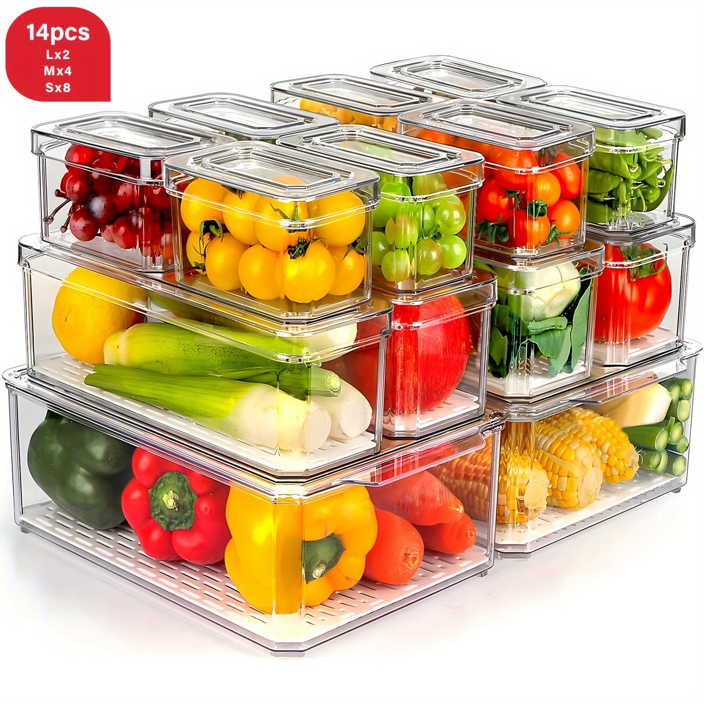 Essential RV refrigerator organizer with 7/14pcs clear stackable containers, BPA-free, includes lid. Perfect for storing fruits, vegetables, food, and drinks in compact spaces. Also