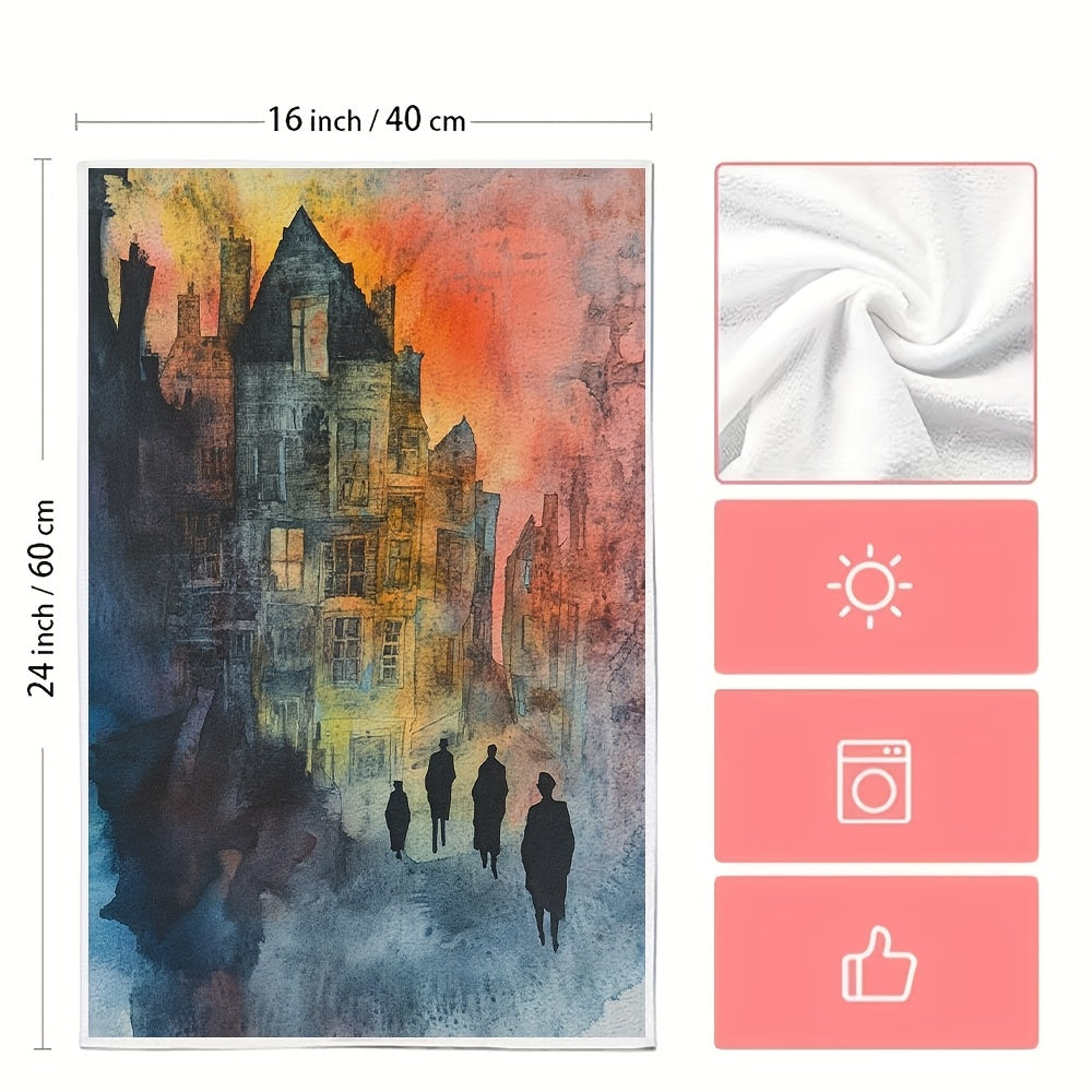 Two pieces of artistic sunset townscape kitchen towels that are ultra soft and highly absorbent. Made of polyester, these dish hand towels are machine washable and measure 40.64x60.96 cm. Add a vibrant holiday decor to your kitchen with these dish towels.