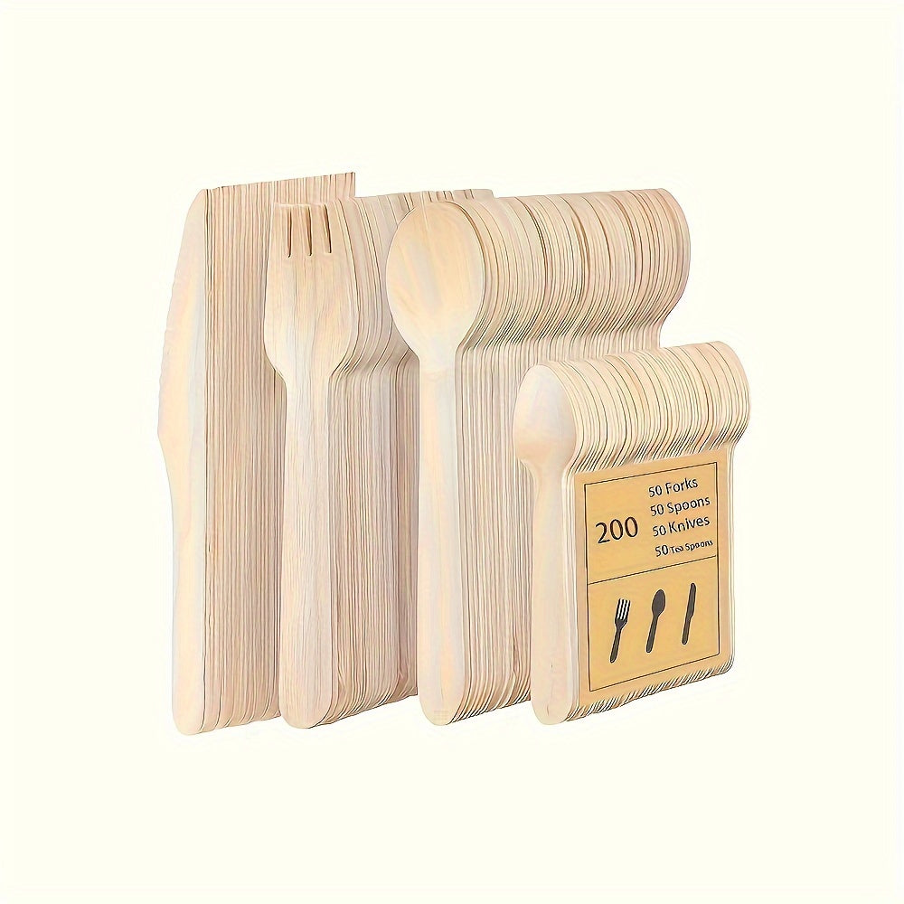 Set of 200 pieces of 5.5-inch Party Birch disposable dessert cake tableware, including 50 pieces each of 140mm knives, forks, spoons, and 95mm tip spoons. Perfect for weddings, birthday parties, and graduation parties.