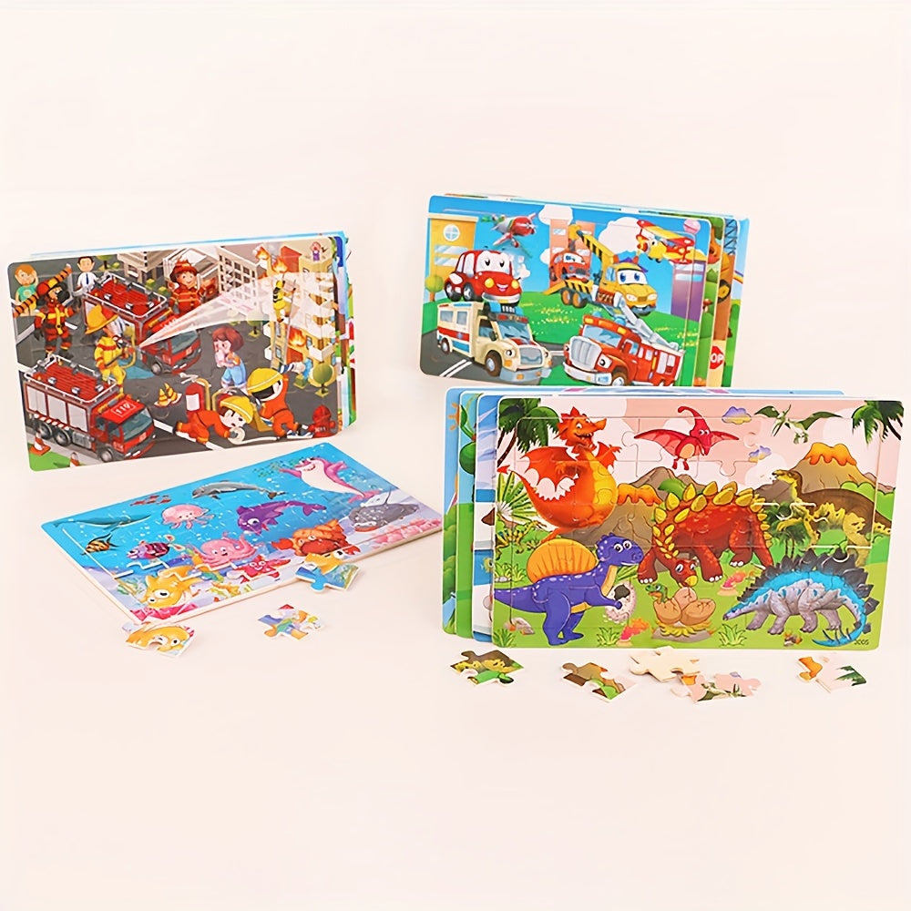 30-piece wooden puzzles featuring animals, dinosaurs, and cartoons for children to enhance their hands-on skills and kindergarten education.