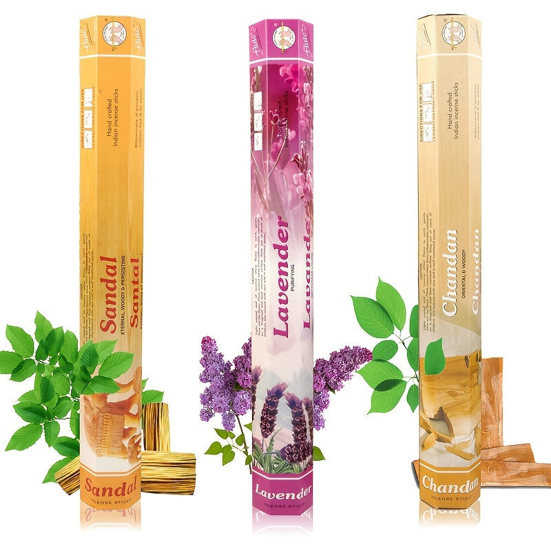 Box of 20 incense sticks in assorted fragrances like Vanilla, Sandalwood, Cherry, Women's, White Rose Yoga, and Lavender. Ideal for yoga, meditation, and home decor. Experience the scents of India.