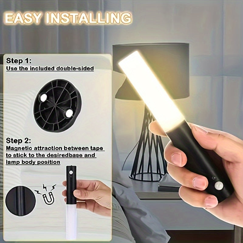 Wireless motion sensor night light with magnetic wall mount and USB rechargeable LED rod for stairs, walls, wardrobes, and hallways.