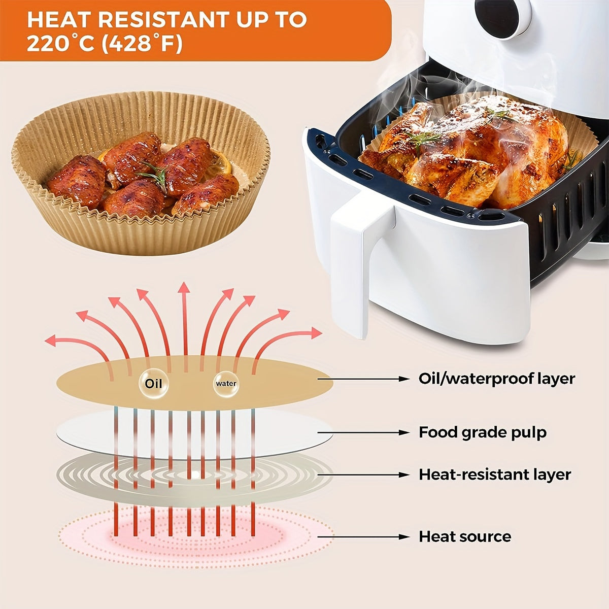 Disposable paper liners for air fryers, available in packs of 30, 50, or 100. These round liners are suitable for air fryers sized 2-8 quarts and are made of non-stick parchment paper. Perfect for frying, baking, cooking, and microwaving, these liners