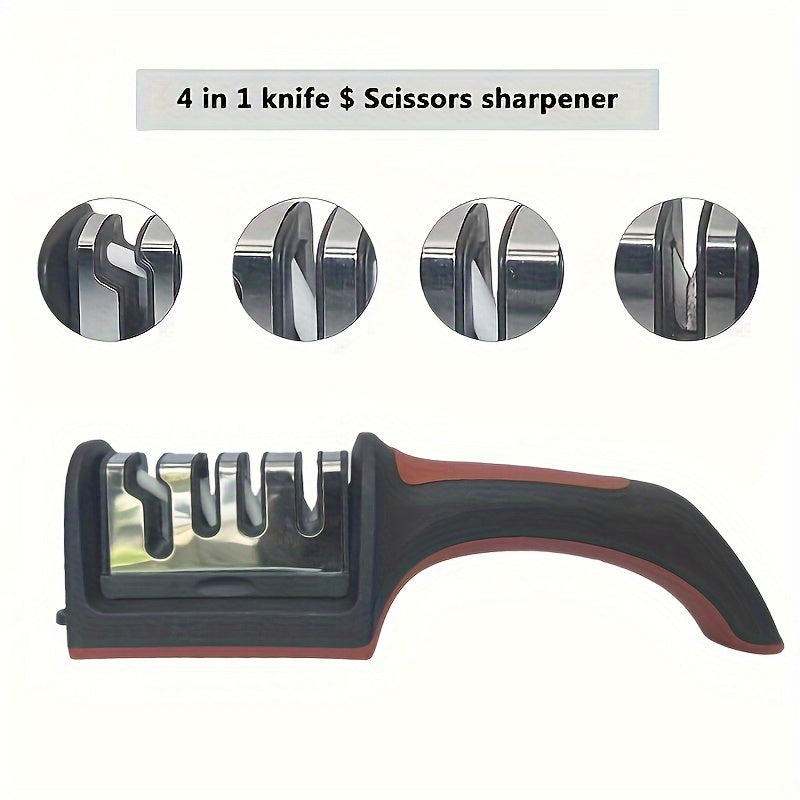 Professional 4-stage knife sharpener for kitchen knives, includes tungsten steel, diamond, and ceramic grinding stones. Non-electric and ideal for RV kitchens.