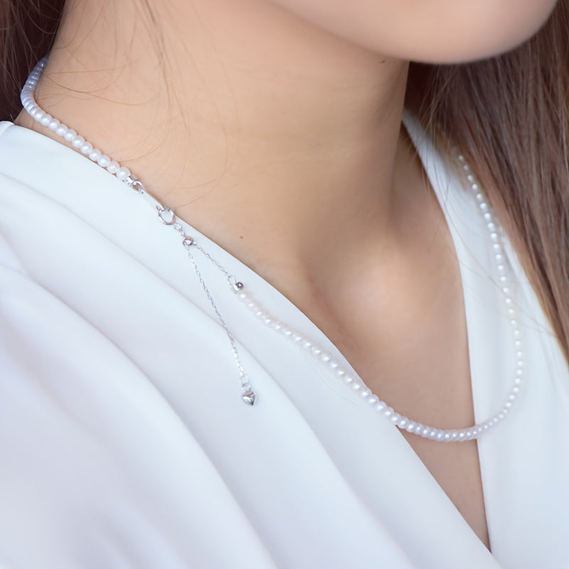 Sterling Silver Freshwater Pearl Necklace - Elegant and Luxurious, Near Flawless Round Pearls, Perfect for Daily or Party Wear, Ideal Mardi Gras Gift, Comes with Elegant Jewelry Box - Adjustable Length 40cm+5cm