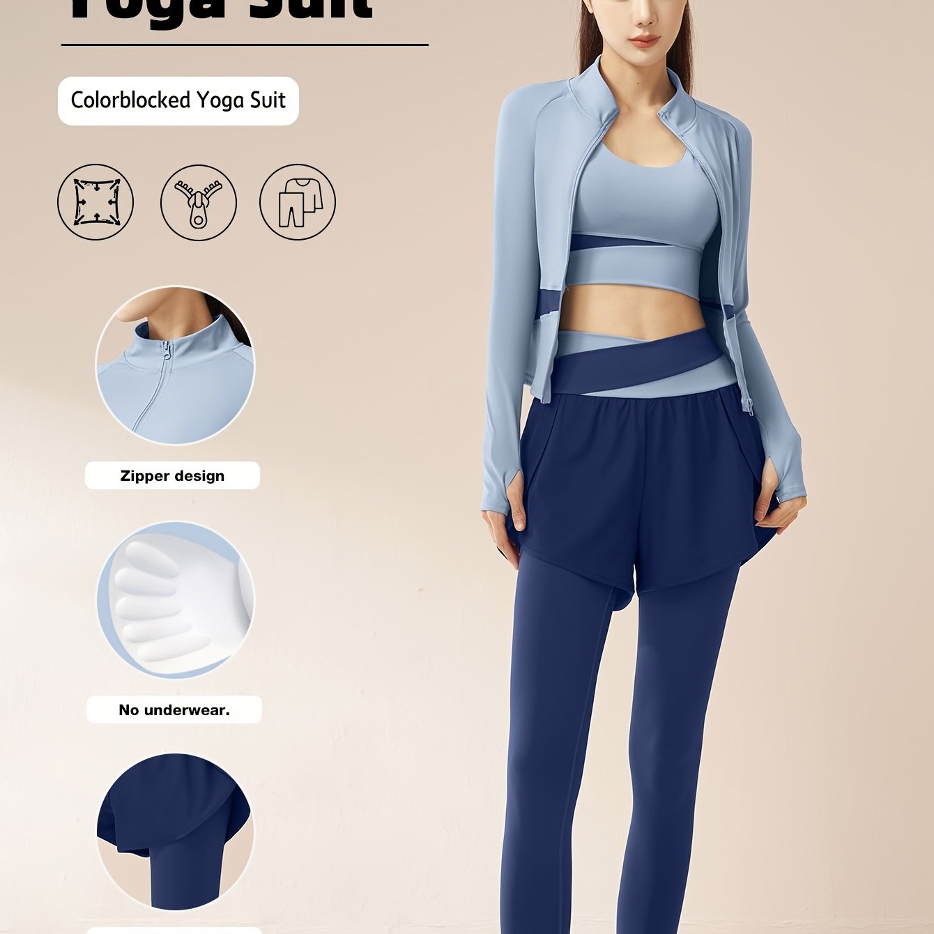 Athletic set for women with colorblocked yoga suit, long leggings, and slim fit sports top. Made of polyester and elastane blend with medium stretch. Suitable for running and fitness.