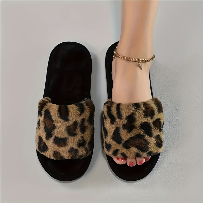 Leopard print slippers for women, cozy indoor shoes.