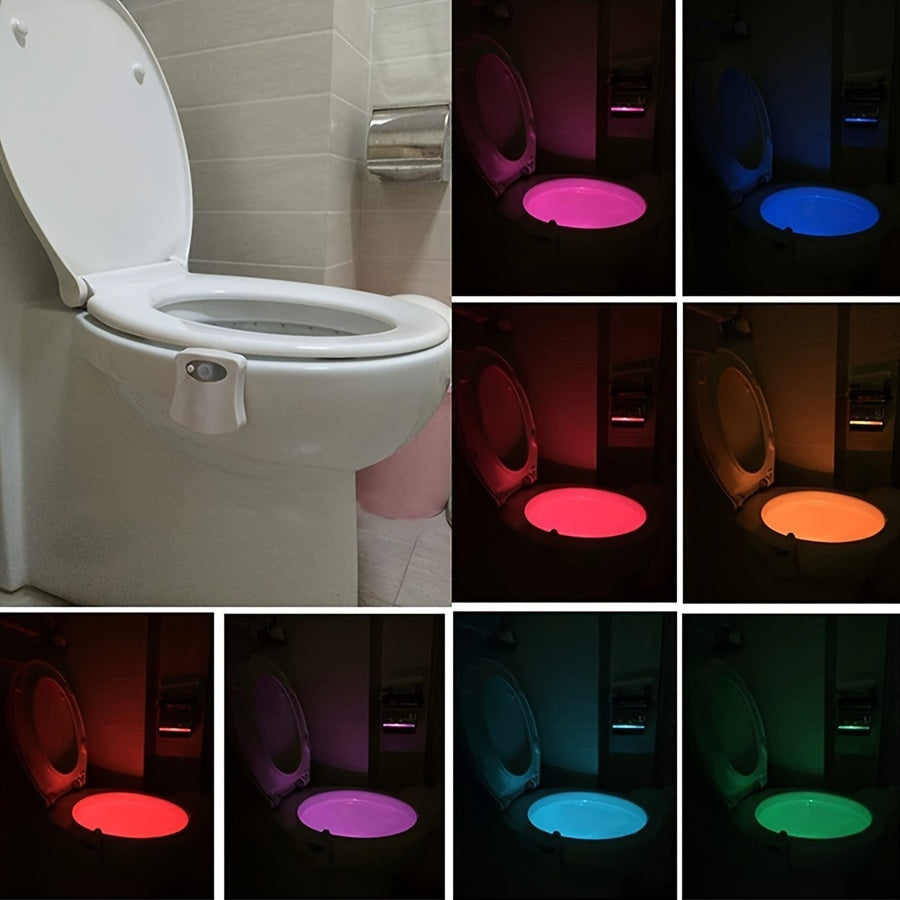 LED toilet light with motion activation, 16 color options, wall mountable, battery operated, modern design.