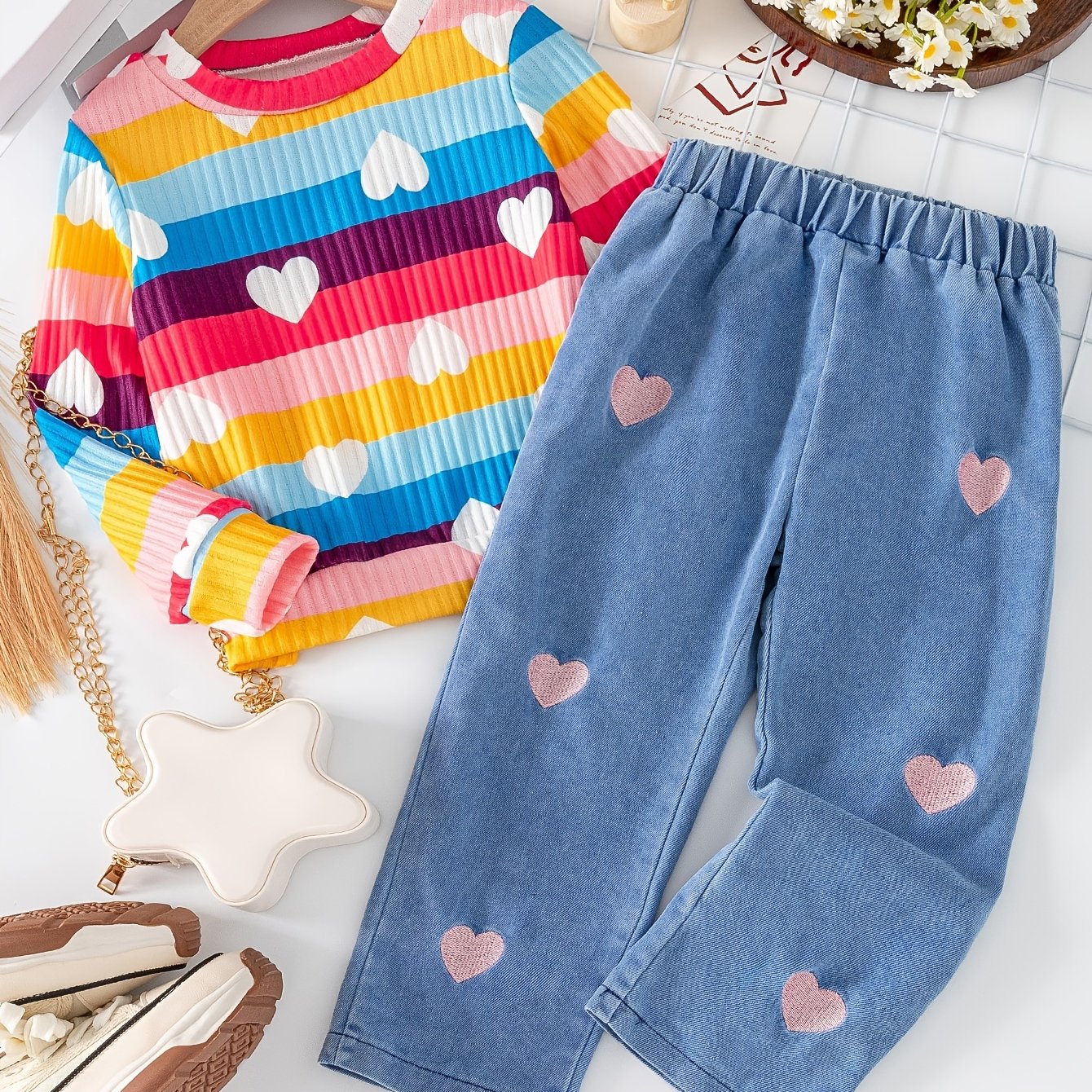 Cute set for girls, includes heart print top and denim pants, machine washable, ideal for outdoor wear.