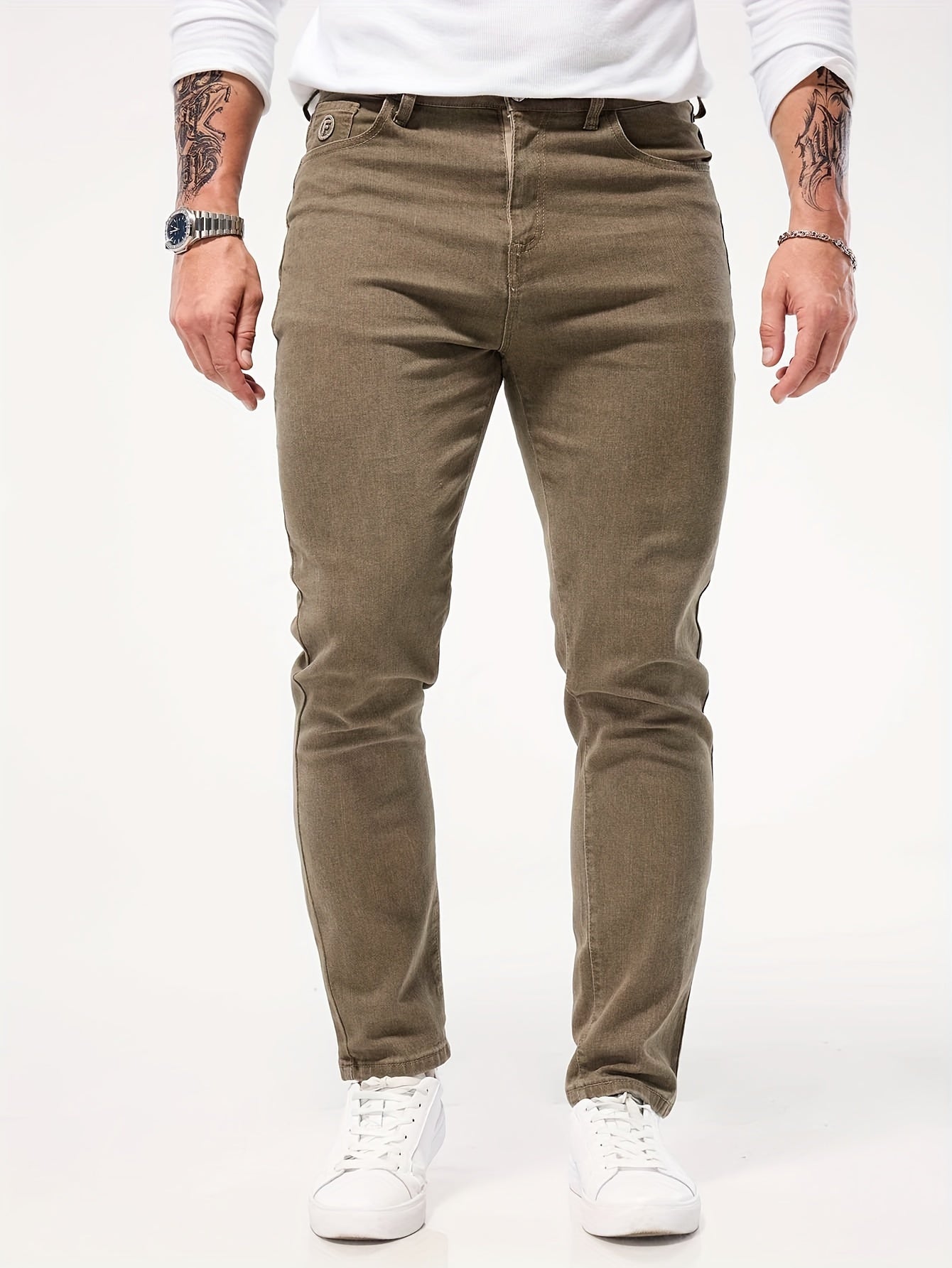 Button closure, stretch denim, solid color men's slim fit straight-leg jeans, all-season casual style trousers.