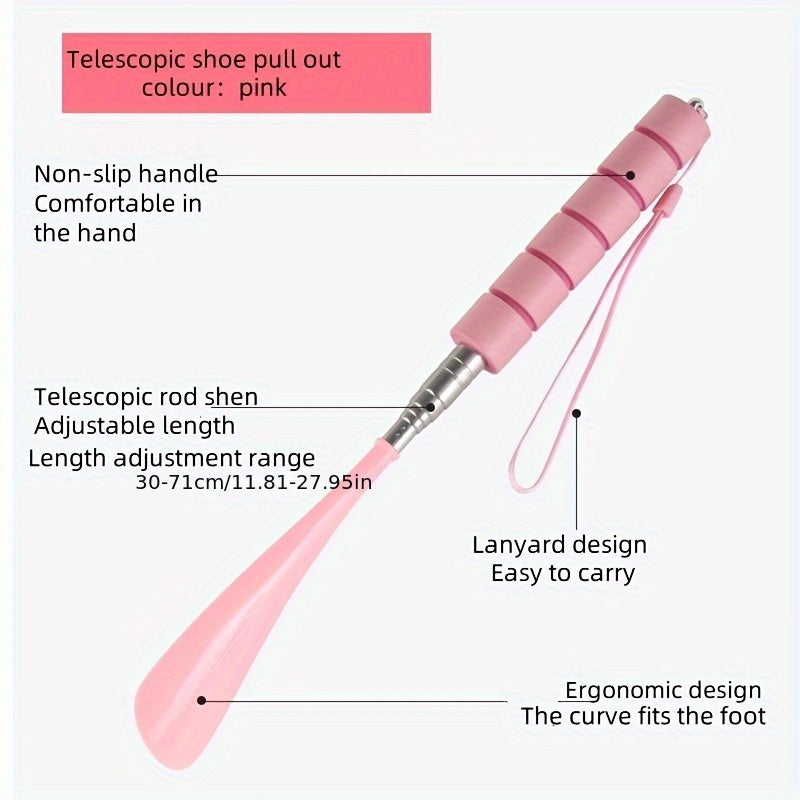 Telescopic stainless steel shoe horn with non-slip grip and adjustable length for easy footwear assistance on the go.