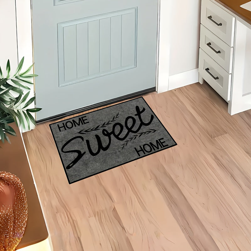 Machine washable Sweet Home Welcome doormat made of polyester. Suitable for indoor and outdoor use, this entrance mat is perfect for home, living room, kitchen, bedroom, farmhouse, hallway, and laundry room carpet.