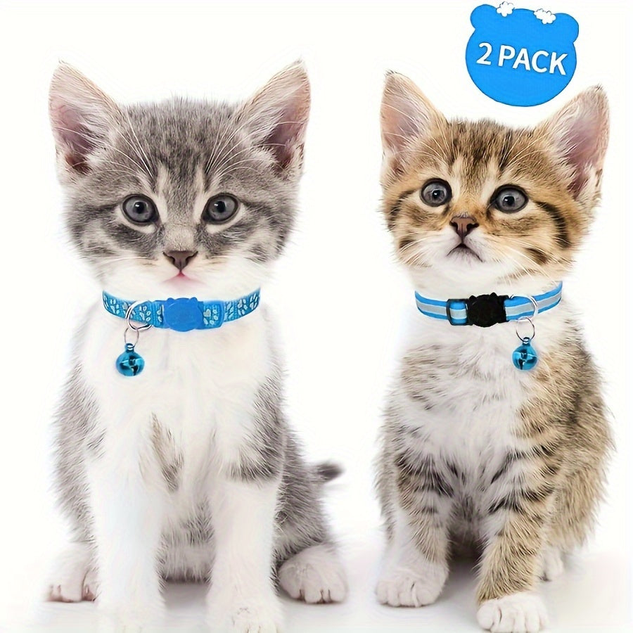 Reflective cat collars with footprints, bells, and breakaway design for kittens - 2 pieces, geometric pattern, polyester.