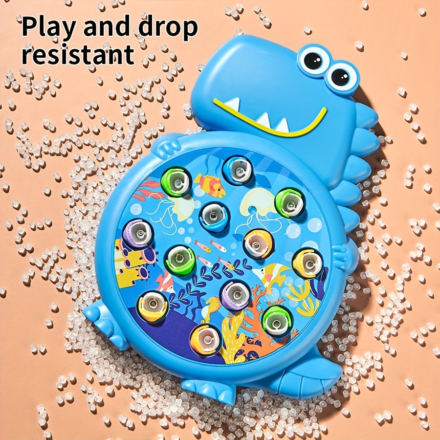 Dinosaur fishing plate toy with weak magnetic rod, suction hook, small fish, plastic material, in green/blue color.