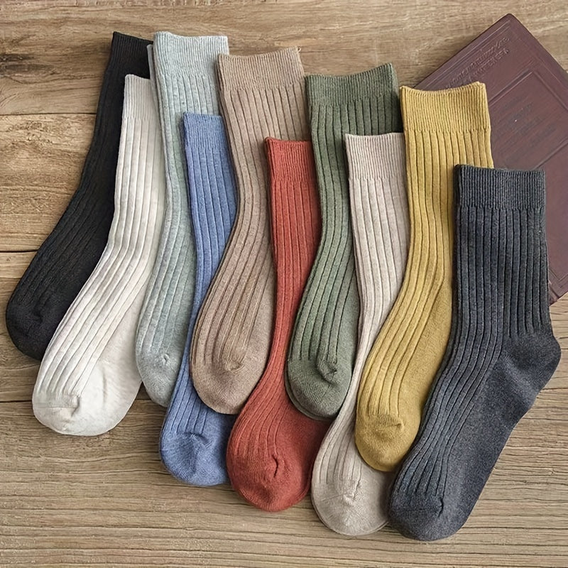 10 pairs of solid ribbed mid tube socks in a casual vintage style for fall and winter, suitable for women.