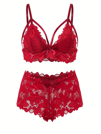 6-piece set of plus size sexy lingerie, featuring floral lace and scalloped trim with bow front. Includes strappy bra and panty.