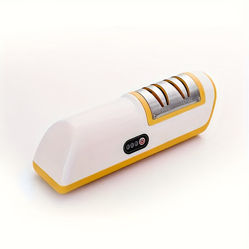 Portable and efficient electric knife sharpener with 2-speed settings. This USB rechargeable kitchen gadget automatically sharpens various knives with its built-in lithium battery. Made of durable ABS material, it is ideal for camping, picnic, and