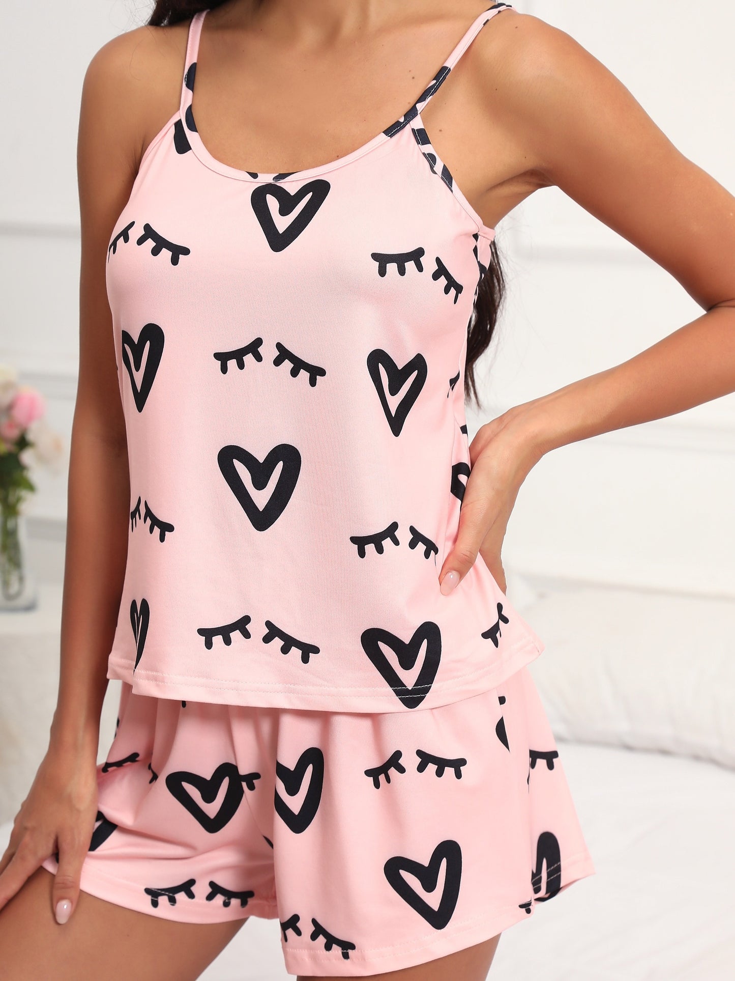 Women's Heart Print Pajama Set with Cami Top and Elastic Waist Shorts