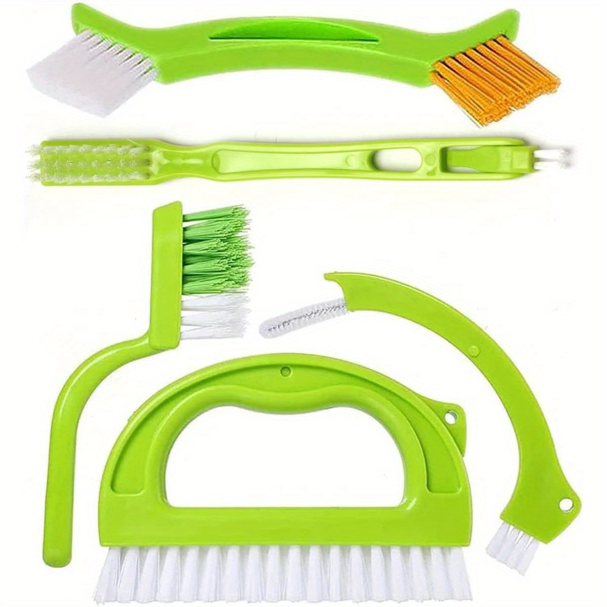 Set of plastic tile cleaning brushes suitable for multiple uses, with stiff bristles ideal for kitchen and bathroom floor grout lines. Can be used with vacuum cleaners with crevice attachment compatibility. Includes brushes for corners and gaps in